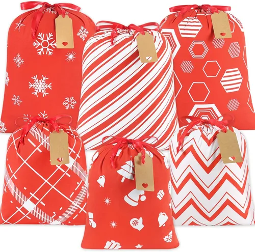 Vista 10 de HRX Package 2 bolsas de algodón de Papá Noel, bolsas de Navidad de tela a cuadros de 28 x 20 pulgadas, bolsas de Navidad reutilizables con etiqueta