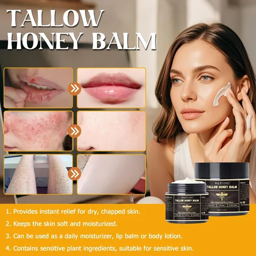 Vista 2 de Sarga de ternera para la piel – Sarga de res para la cara – Hidratante facial – Bálsamo hidratante con miel cruda y cera de abejas – Sarga de res