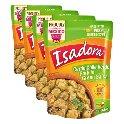 Vista 6 de Isadora Chile Verde de cerdo totalmente cocido, bolsa de 15 onzas, comida mexicana auténtica lista para comer, cerdo en salsa verde, calor medio