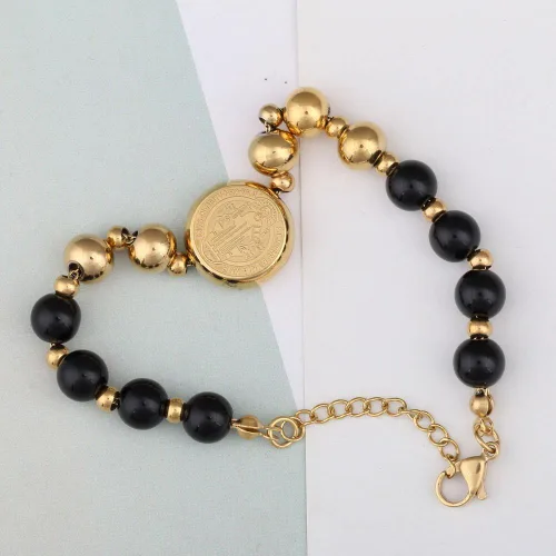 Vista 6 de Pulsera de acero inoxidable chapado en oro con medalla cruzada de protección de San Benito, N A