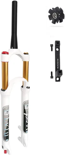 Vista 10 de Horquilla delantera 26 27.5 29 pulgadas de recorrido, 5.512 in, horquillas de suspensión para bicicleta de montaña Air con adaptador de freno
