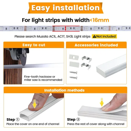 Vista 5 de Muzata Paquete de 10 tiras LED de aluminio plateado con cubierta blanca lechosa U102 WW 2M