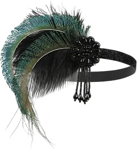 Vista 4 de Roaring 20s Great Gatsby - Diadema estilo flapper para mujer, estilo Art Deco de los años 20, con plumas A azul