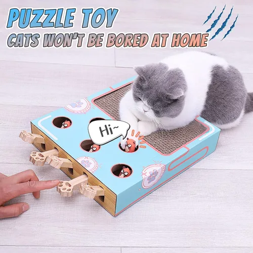 Vista 4 de Juguetes de enriquecimiento para gatos de interior con almohadilla para rascar gatos, caja de cartón para gatos para divertirse mucho, juguete