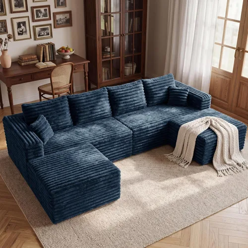 Vista 35 de Sofá modular en forma de L de 118 pulgadas, moderno sofá modular de pana de espuma viscoelástica de 4 plazas con otomana, asiento profundo tapizado