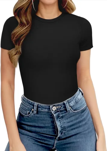 Vista 3 de MANGOPOP Body de manga corta con cuello redondo para mujer, camisetas básicas