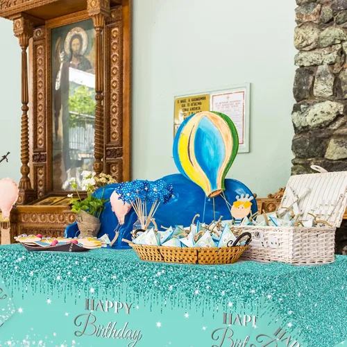 Vista 7 de 3 manteles de cumpleaños verde azulado y plateado para decoraciones de fiesta de feliz cumpleaños, cubiertas de mesa de plástico desechables