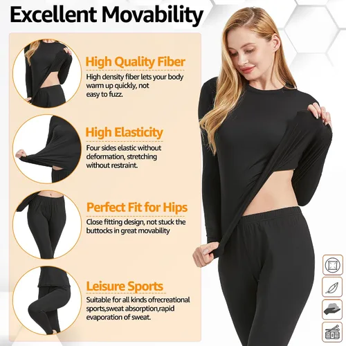 Vista 5 de UNIQUEBELLA Conjunto de ropa interior térmica para mujer, conjunto de capa base larga para mujer, conjunto de ropa interior atlética
