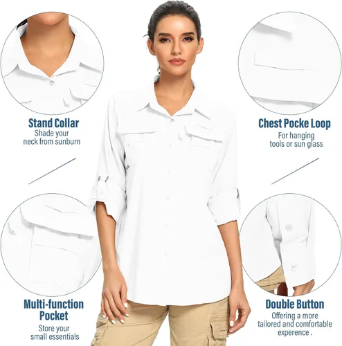 Vista 2 de Camisas de manga larga UPF 50 para mujer, protección solar UV, safari, secado rápido, pesca, senderismo, viajes