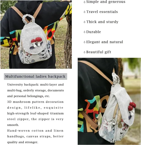 Vista 35 de HUANGGUOSHU Mochila de algodón tejida de algodón bohemio con bordado de lona estilo bohemio con múltiples bolsillos retro linda mochila cartera