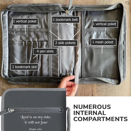 Vista 23 de DEHITE Funda para la Biblia para mujer, bolsas de transporte de la Biblia, tamaños medianos y grandes, ranuras para bolígrafos, tela de primera