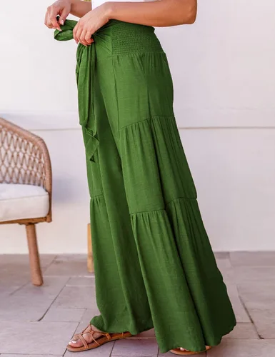 Vista 3 de KOJOOIN Pantalones de pierna ancha para mujer, cintura alta, elásticos, holgados, dobladillo con volantes, casuales, para playa, palazzo