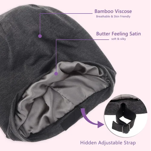Vista 2 de Gorro de dormir con forro de satén de seda, ajustable que permanece toda la noche, gorro holgado para el cuidado del cabello rizado de mujeres