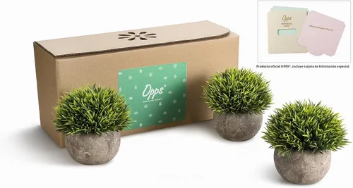Vista 2 de Opps Mini plantas artificiales de plástico de hierba verde falsa con maceta gris para decoración del hogar, juego de 3