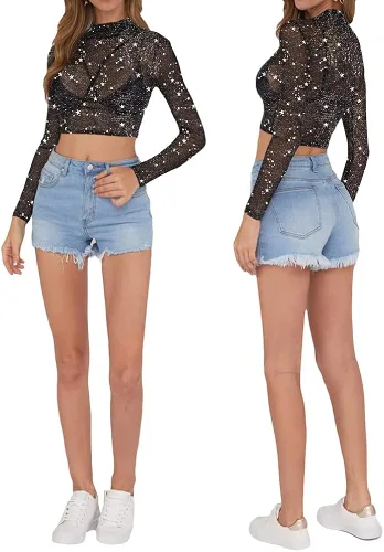 Vista 5 de MANGOPOP - Blusa corta de malla transparente para mujer, diseño de manga corta o larga
