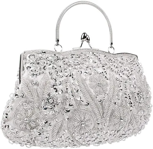 Vista 7 de Bolso de mano de noche con cuentas vintage para mujer, diseño vintage, con lentejuelas, con asa superior, para fiesta, boda, monedero, Oro