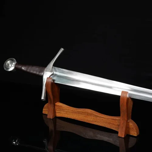 Vista 7 de Mythrojan Soporte de espada medieval de madera maciza horizontal para katana, samurái, gladiador, espadas cruzadas, soporte de mesa elegante, 1 nivel