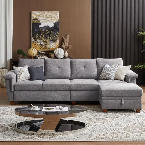 Vista 10 de Sofá Seccional Convertible con Almacenamiento, Sofá en Forma de L de 4 Asientos con Chaise y Portavasos, Sofás Modernos de Tela de Microfibra
