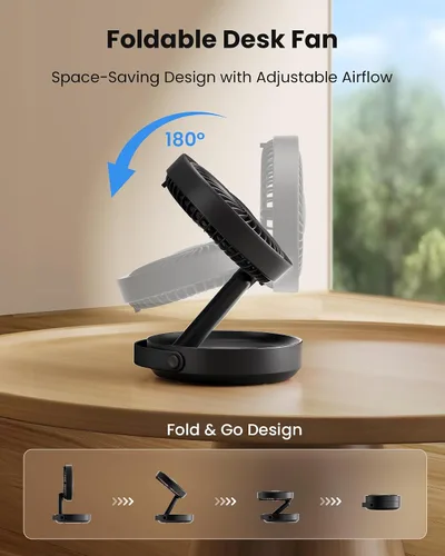 Vista 2 de Gaiatop Ventilador de escritorio pequeño plegable con luz nocturna LED, inalámbrico de 6000 mAh, ventilador portátil recargable por USB, para Negro