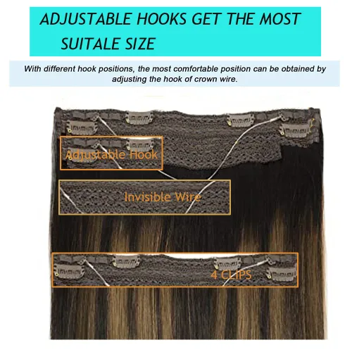 Vista 4 de Extensiones de cabello con alambre negro, extensiones de cabello balayage, extensiones de cabello con alambre de cabello humano, 14 pulgadas 70 g