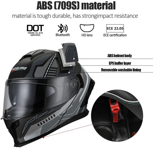 Vista 2 de Casco modular de motocicleta Bluetooth aprobado por DOT, abatible de cara completa con doble visera antivaho integrada, forro extraíble lavable