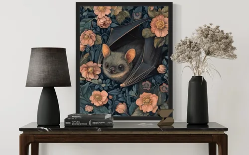 Vista 4 de Póster de Arte de Murciélago, Estilo William Morris Retro de Mediados de Siglo Botánico Victoriano Academia Oscura Decoración Gótica Galería 10a