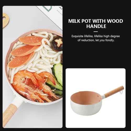 Vista 6 de Hemoton Sartén antiadherente para leche de 1.5 L, práctica olla con mango de madera, versátil olla pequeña para sopas, salsas y leche caliente, olla