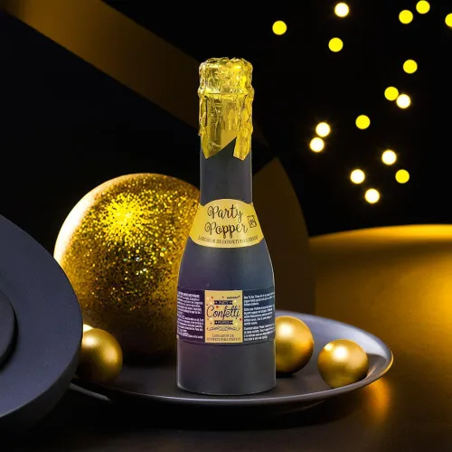 Vista 4 de Divertido Lanzador de Confeti en Mini Botella de Papel Dorado y Negro - 6.25" (1 Pieza) - Lanzador Versátil y Elegante - Perfecto para Fiestas