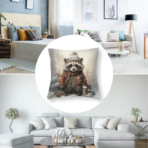 Vista 5 de Almohadas grandes para sofá de 16 x 16 pulgadas, diseño de mapache de dibujos animados, Navidad, nieve, invierno, cuadradas, de satén, funda