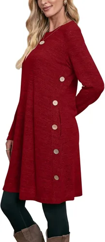 Vista 2 de OFEEFAN - Vestido de invierno con manga larga, bolsillos y botones laterales para mujer