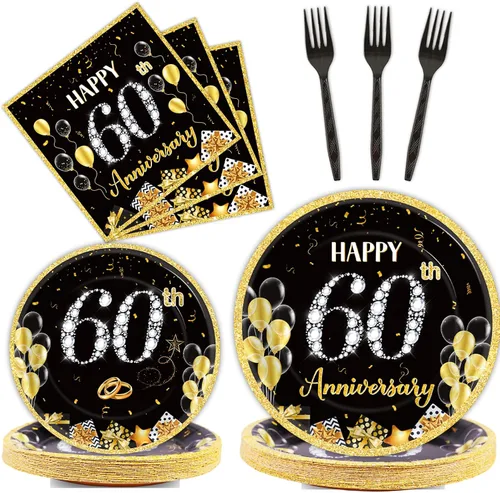 Vista 10 de 96 Piezas Platos de Papel Servilletas Tenedores para Fiesta de 50 Aniversario Empleado Carrera Boda 50 Aniversario Oro Negro Vajilla Desechable
