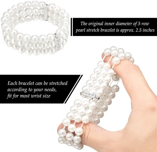 Vista 2 de Hicarer Pulsera de perlas de imitación de 3 filas de perlas elásticas multicapa para Halloween, cosplay, 1920, disfraz elástico de los años 20