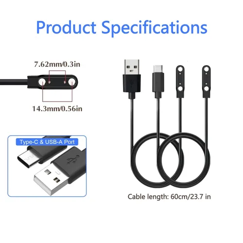 Vista 2 de Paquete de 2 cargadores universales para reloj inteligente, accesorios de reloj, 22.4 pulgadas, USB, 2 pines, 2.4 pulgadas, cable de carga magnético