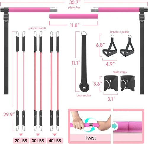 Vista 2 de Kit de barra de pilates con bandas de resistencia, barra de pilates portátil para gimnasio en casa, yoga y entrenamientos de cuerpo completo,