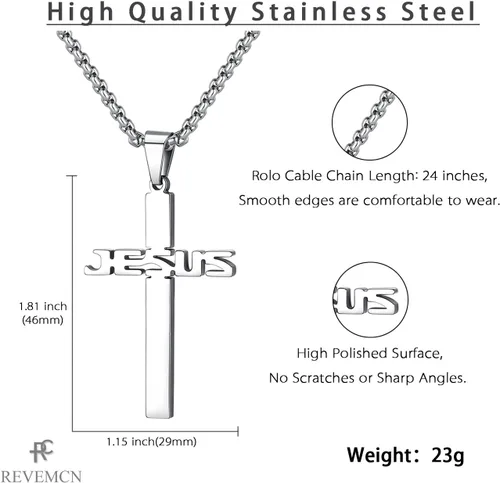 Vista 5 de REVEMCN Collar con colgante de cruz de Jesús de acero inoxidable para hombres y mujeres, cadena Rolo de 20 a 24 pulgadas, regalos cristianos