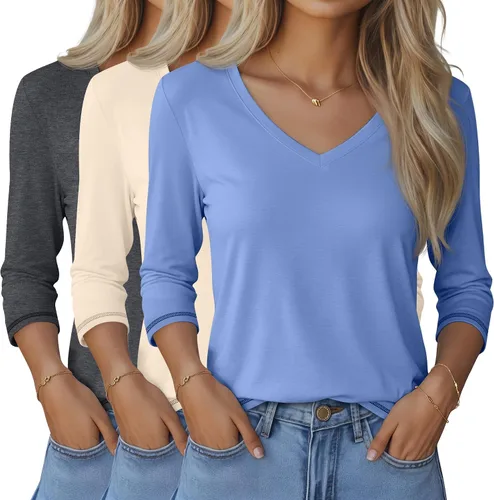 Vista 24 de Ficerd Paquete de 3 camisetas de manga 3/4 para mujer, cuello en V, blusas holgadas, blusas casuales, ropa de moda 2026