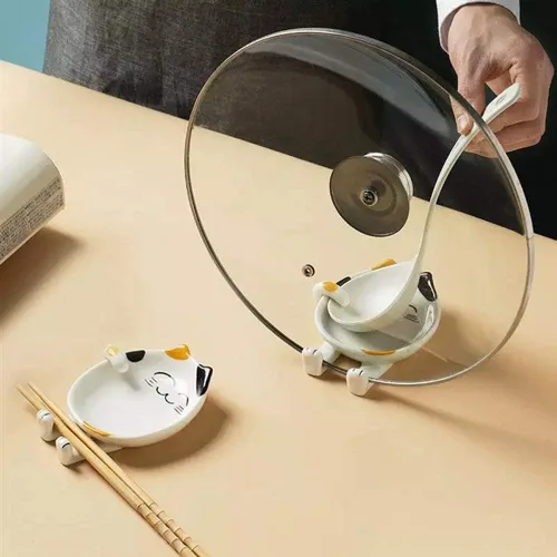 Vista 6 de Soporte de cuchara de cerámica multifuncional para cocina, con forma de gato, soporte para utensilios de cocina, soporte para tapa de olla, soporte