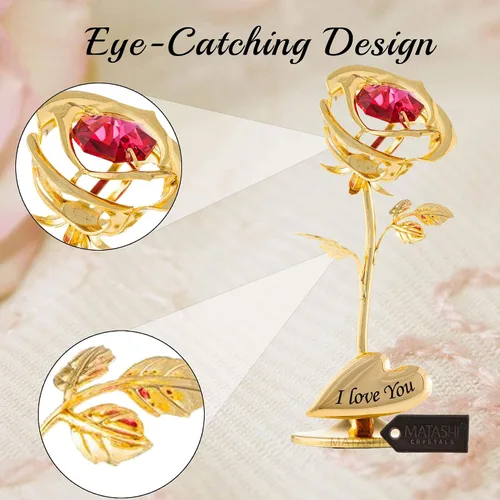 Vista 5 de Matashi I Love You Rose Flower - Adorno de mesa chapado en oro de 24 quilates con cristales rojos Arreglo floral de metal Cumpleaños, regalos