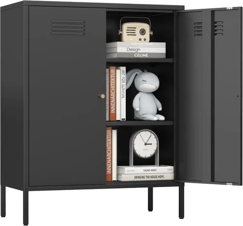 Vista 6 de Gabinete de almacenamiento de metal, soporte de TV de 2 puertas, armario decorativo con puertas y estante ajustable, armario de metal, mesita