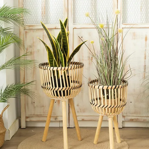 Vista 5 de Soporte tejido de bambú para macetas con patas de madera, cesta de ratán interior, macetas, soporte tejido para plantas de interior, soporte