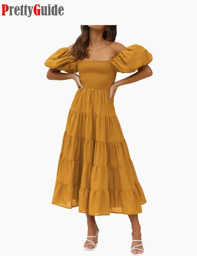 Vista 2 de PrettyGuide Vestido midi de verano para mujer, con hombros descubiertos, manga corta, abombada, cintura alta, casual, fruncido, con volantes