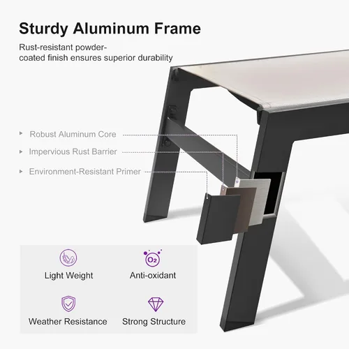 Vista 6 de PURPLE LEAF Juego de sillas de lounge al aire libre de gran tamaño de 3 piezas para patio, tumbona para piscina, estructura de aluminio con mesa