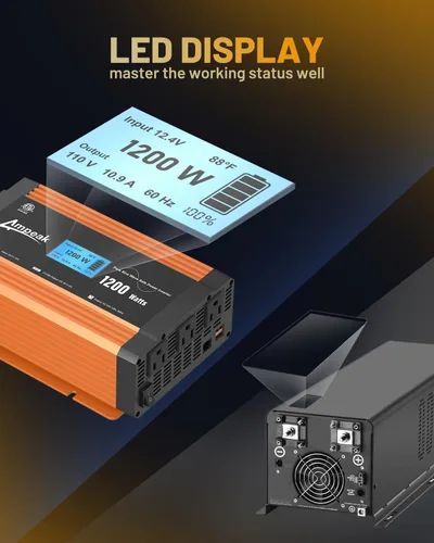 Vista 4 de Ampeak Inversor de onda sinusoidal pura de 1200 W, 17 protecciones, inversor de corriente CC 12 V a CA 120 V 4.8 A, puertos USB, 3 salidas de CA