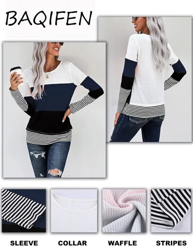 Vista 4 de Camisa de manga larga para mujer, suéteres de moda para otoño de 2024, cuello redondo, camisetas de bloque de color a la moda