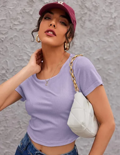 Vista 4 de Ekouaer Conjunto de pijama de 2 piezas para mujer, de manga corta, de punto acanalado, pantalones de pierna ancha, tallas S-XXL