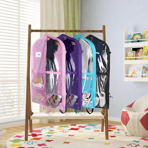 Vista 4 de Bolsas de ropa de baile negras de Zilink, bolsa de ropa de 40 pulgadas para competiciones de baile con 5 bolsillos transparentes con cremallera