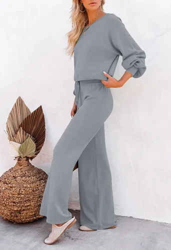 Vista 3 de Pink Queen Conjunto de 2 piezas de suéter de manga larga y pantalones largos de pierna ancha para mujer