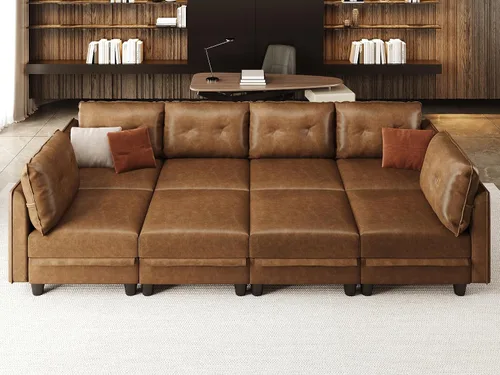 Vista 15 de LLappuil Sofá cama modular modular con almacenamiento, sofás de piel sintética de 6 plazas para sala de estar, color marrón