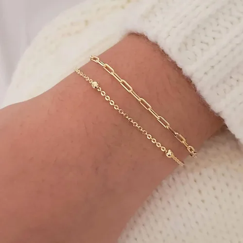 Vista 3 de Pulsera delicada de oro para mujer, chapada en oro de 14 quilates, ligera, con diseño de espiga de espiga trenzada, pulsera de malla, dije