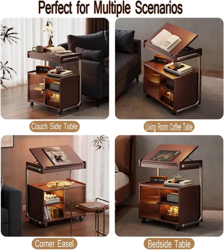 Vista 6 de Mesa auxiliar de madera maciza con ruedas, mesa auxiliar con almacenamiento, armario de almacenamiento multifuncional con amplio espacio para sala
